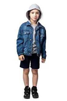 Shout Prints: Portrait of sad boy in denim jacket, cry and is very afraid on white isolated background