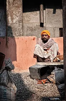 Indian Culture Prints: Portrait of a sadhu sleeping next to a dog. Varanasi, Benares, Uttar Pradesh, India