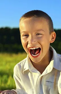 Preschooler Prints: Portrait of Screaming Boy in Summer Fields