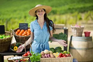 Toothy Smile Prints: Portrait of smiling woman selling vegetables