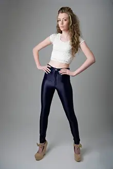 Tight Prints: Portrait of a teenage girl wearing shiny leggings