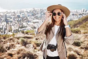 Camera Prints: Portrait, travel and woman photographer hiking in nature