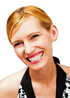 Vogue Prints: Portrait of a young woman posing and smiling isolated over white