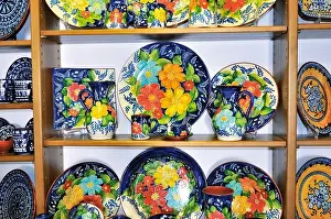 Characteristic Prints: Portugal, Alentejo: Traditional pottery products in the souvenir shop Mufla in Monsaraz
