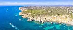 Praia Prints: Portugal Algarve beach Praia da Marinha sea ocean panorama drone view aerial photo from above water