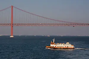 Suspension Prints: Portugal Lisbon, 25th April bridge & river Tagus ferry