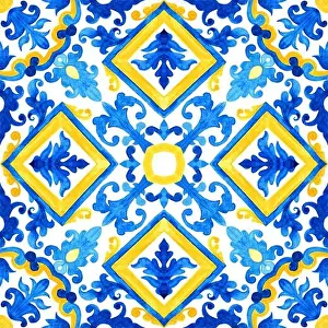 Portuguese azulejo tiles. Watercolor seamless pattern
