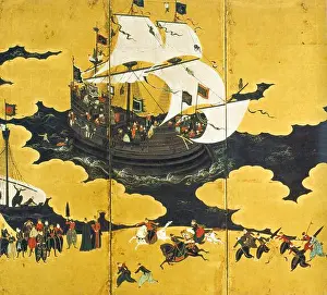 Portuguese carrack in Nagasaki, Nanban art attributed to Kanō Naizen, 1570–1616 Japan