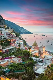 Positano. Aerial image of famous city Positano located on Amalfi Coast, Italy during sunrise