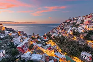 Positano, Italy along the Amalfi Coast at dusk