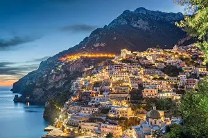 Positano, Italy along the Amalfi Coast at dusk