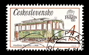 Postage Stamp Prints: Postage stamp from Czechoslovakia depicting a tram from 1900