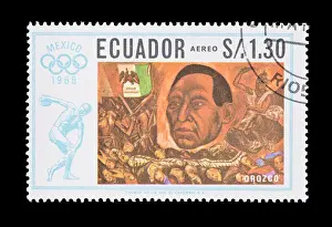Postage stamp from Ecuador depicting native art (Orozco painting President Juarez) for the 1968 Mexico City Olympics