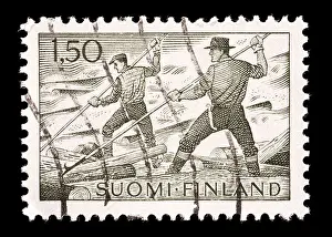 Lumberjack Prints: Postage stamp from Finland depicting log floating in the lumber industry