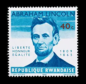 Rwanda Prints: Postage stamp from Rwanda depicting Abraham Lincoln, on the centennial of his death