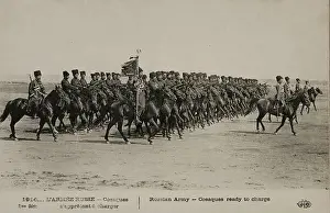 Historical Photo Prints: A postcard from World War I featuring Russian Cossacks on horseback