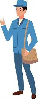 Personage Prints: postman character in blue uniform and bag work vector illustration