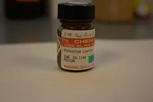 Poison Prints: Potassium cyanide. Poison. Reference bottle from state crime lab