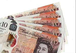 Purse Prints: Ten pound notes featuring a portrait of Queen Elizabeth II from the United Kingdom/Great Britain on a white background