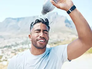 Refresh Prints: Pour water, fitness and face of man in nature for exercise
