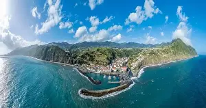 Seascapes Prints: Povoacao, Sao Miguel Island: A charming Azorean town featuring an elegant town hall