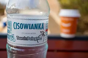 Pologne Prints: POZNAN, POLAND - Oct 31, 2021: Polish Cisowianka water with Tour De Pologne sponsor plastic water bottle
