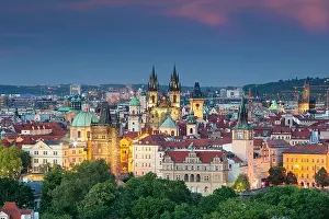 Prague. Aerial cityscape image of Prague, Czech Republic with the Church of Our Lady before Tyn, Old Town Bridge Tower, Powder Tower at sunset