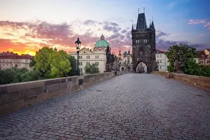 Charles Bridge Prints: Prague, Charles Bridge. Cityscape image of iconic Charles Bridge with Old Town Bridge Tower in Prague
