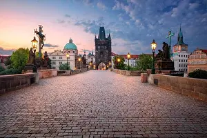 Prague, Charles Bridge. Cityscape image of iconic Charles Bridge with Old Town Bridge Tower in Prague, Czech Republic at sunrise