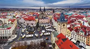 Prague, Czech Republic - Aerial high resolution panoramic view of the Old Town Square at Christmas time with Old Town