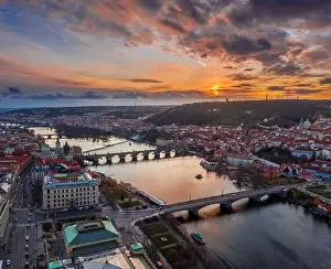 Charles Bridge Prints: Prague, Czech Republic - Aerial panoramic drone view the city of Prague wirh the world famous Charles Bridge