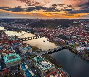 Charles Bridge Prints: Prague, Czech Republic - Aerial panoramic drone view city of Prague with the world famous Charles Bridge (Karluv most)