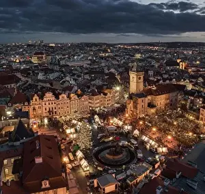 Prague, Czech Republic - Aerial panoramic drone view of the famous Christmas market of city Prague at the Old Town