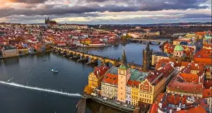 Charles Bridge Prints: Prague, Czech Republic - Aerial panoramic drone view of the world famous Charles Bridge (Karluv most) and St