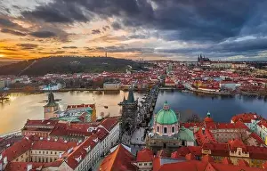 Prague, Czech Republic - Aerial panoramic drone view of the world famous Charles Bridge (Karluv most) and St