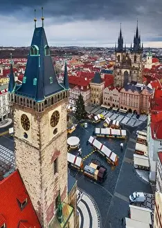 Prague, Czech Republic - Aerial view of the Old Town Square at Christmas time with Old Town Hall tower