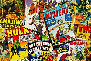 Comics Prints: PRAGUE, CZECH REPUBLIC - JANUARY 29: Colorful vintage comic magazine covers top view flat lay composition on January 29