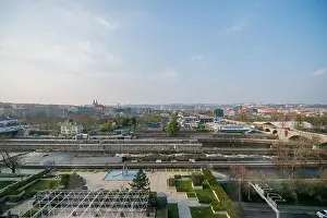 Church History Prints: PRAGUE, CZECHIA - 9TH APRIL 2019: Daytime aerial drone view of Prague with it's famous bridges and river