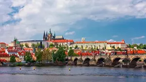 Charles Bridge Prints: Prague scenic spring view of the Prague Old Town pier architecture Charles Bridge over Vltava river in Prague