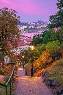 Prague at sunrise. Cityscape image of Prague, capital city of Czech Republic with at autumn sunrise