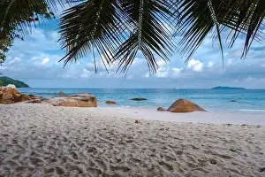 Anse Prints: Praslin Seychelles tropical island with withe beaches and palm trees