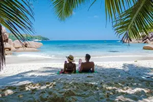 Anse Prints: Praslin Seychelles tropical island with withe beaches and palm trees