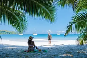 Anse Prints: Praslin Seychelles tropical island with withe beaches and palm trees
