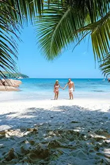Anse Prints: Praslin Seychelles tropical island with withe beaches and palm trees