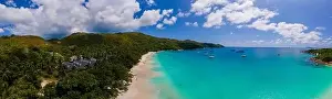 Anse Prints: Praslin Seychelles tropical island with withe beaches and palm trees
