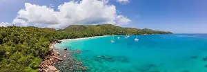 Anse Prints: Praslin Seychelles tropical island with withe beaches and palm trees