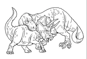 Distinctive Prints: Predatory dinosaur Tyrannosaurus Rex attacks the Triceratops