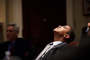 Barack Obama Prints: President Barack Obama during a budget meeting in the Roosevelt Room 1/29/09