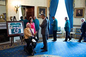 Behind The Scenes Prints: US President Barack Obama talks with former Miami Dolphins coach Don Shula in the Blue Room prior to a ceremony