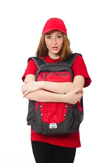 Redhead Prints: Pretty girl with backpack isolated on white